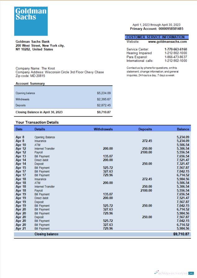 Download Goldman Sachs bank organization account statement Word and PDF template Photoshop template